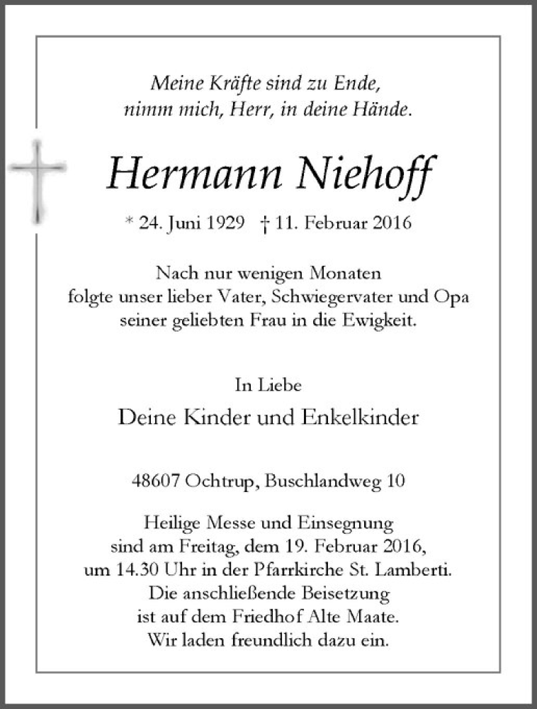  Traueranzeige für Hermann Niehoff vom 15.02.2016 aus Westfälische Nachrichten