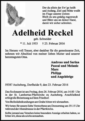 Anzeige von Adelheid Reckel von Westfälische Nachrichten