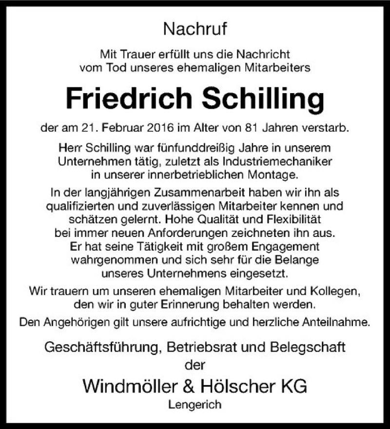  Traueranzeige für Friedrich Schilling vom 29.02.2016 aus Westfälische Nachrichten