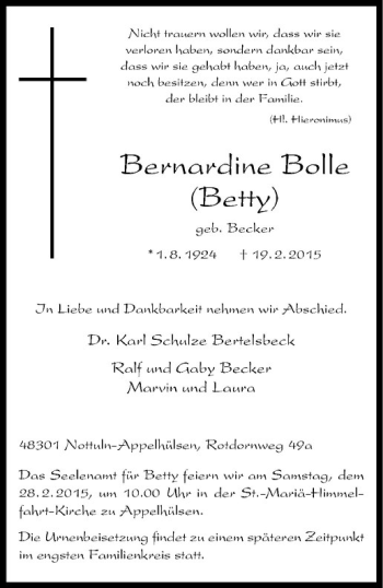 Anzeige von Bernardine Bolle von Westfälische Nachrichten