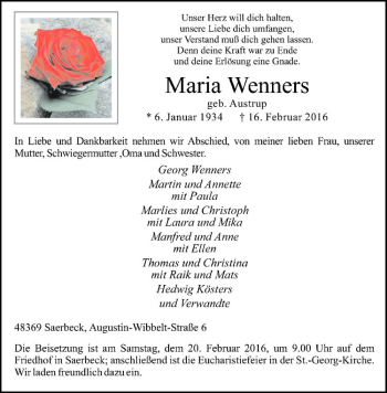 Anzeige von Maria Wenners von Westfälische Nachrichten
