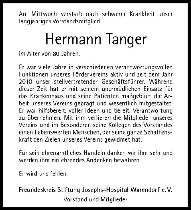  Traueranzeige für Hermann Tanger vom 27.02.2016 aus Westfälische Nachrichten