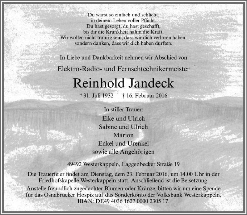  Traueranzeige für Reinhold Jandeck vom 20.02.2016 aus Westfälische Nachrichten