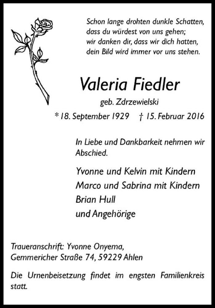  Traueranzeige für Valeria Fiedler vom 20.02.2016 aus Westfälische Nachrichten