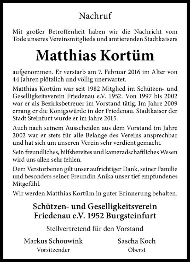  Traueranzeige für Matthias Kortüm vom 22.02.2016 aus Westfälische Nachrichten