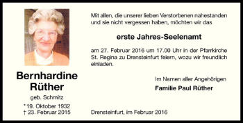 Anzeige von Bernhardine Rüther von Westfälische Nachrichten