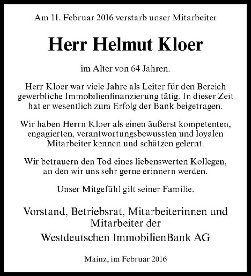  Traueranzeige für Helmut Kloer vom 15.02.2016 aus Westfälische Nachrichten