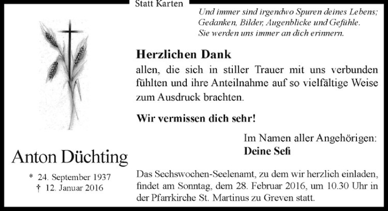  Traueranzeige für Anton Düchting vom 20.02.2016 aus Westfälische Nachrichten