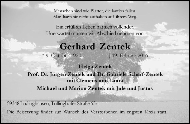  Traueranzeige für Gerhard Zentek vom 23.02.2016 aus Westfälische Nachrichten