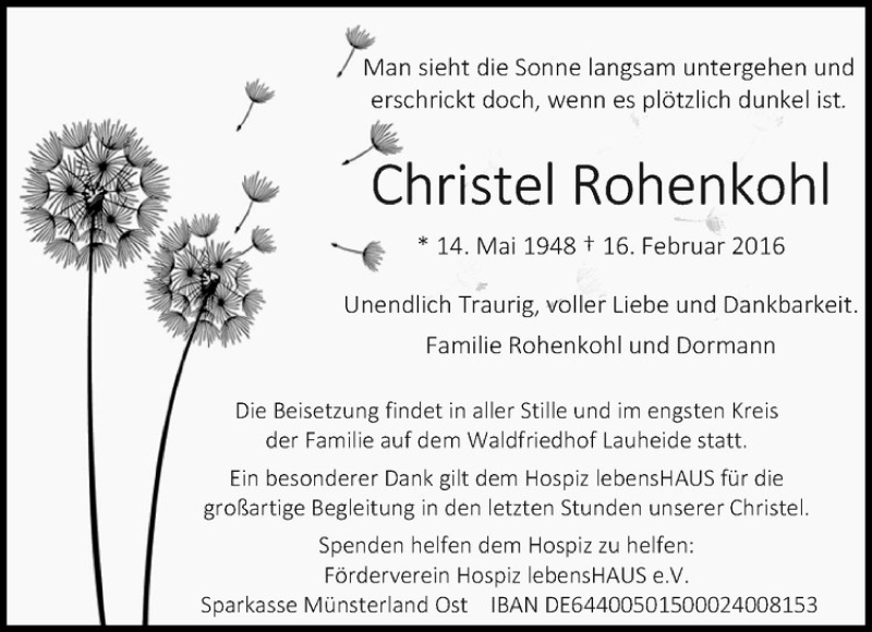  Traueranzeige für Christel Rohenkohl vom 20.02.2016 aus Westfälische Nachrichten