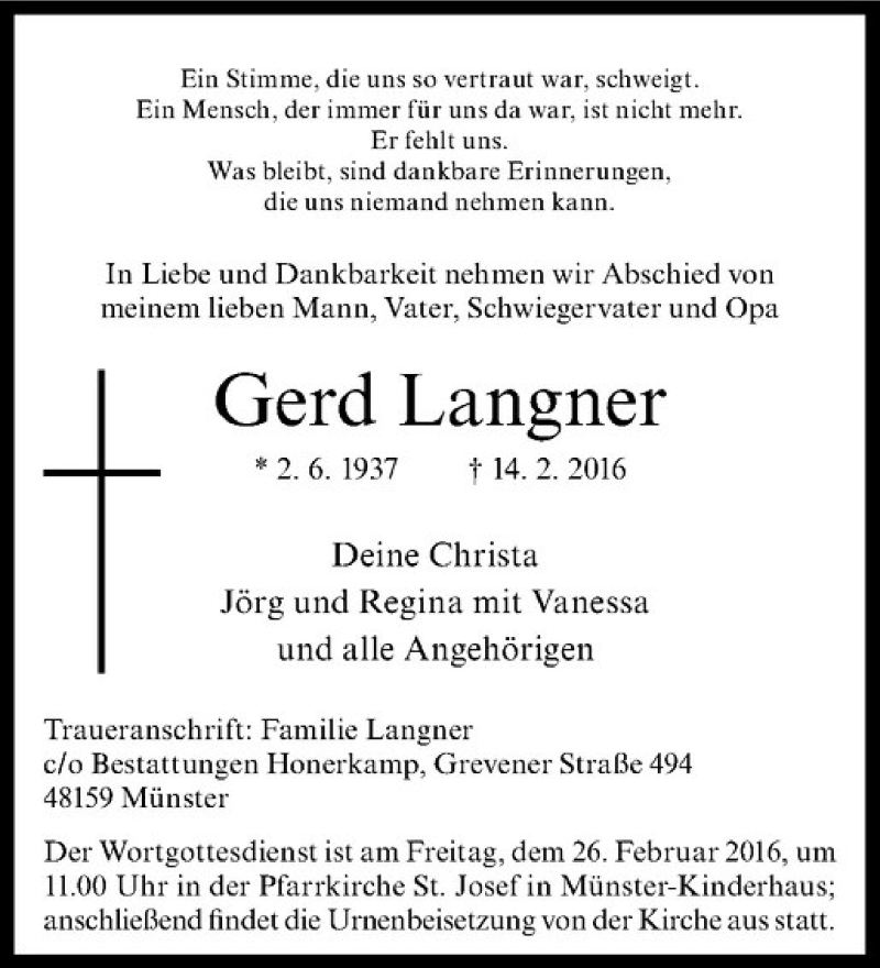 Traueranzeige für Gerd Langner vom 20.02.2016 aus Westfälische Nachrichten
