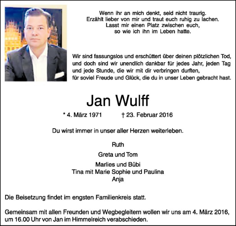  Traueranzeige für Jan Wulff vom 29.02.2016 aus Westfälische Nachrichten