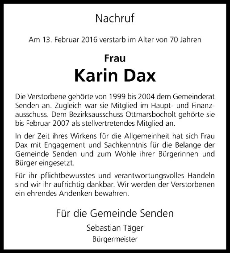  Traueranzeige für Karin Dax vom 20.02.2016 aus Westfälische Nachrichten