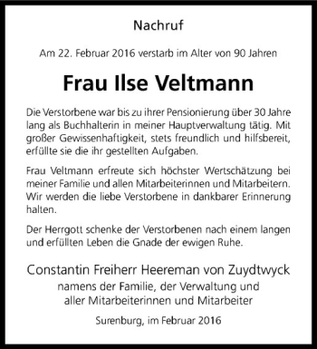 Anzeige von Ilse Veltmann von Westfälische Nachrichten