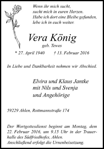 Anzeige von Vera König von Westfälische Nachrichten