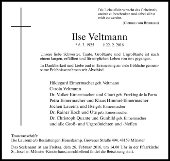 Anzeige von Ilse Veltmann von Westfälische Nachrichten