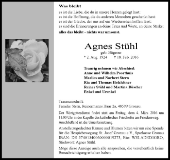 Anzeige von Agnes Stühl von Westfälische Nachrichten