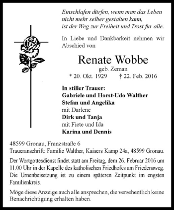 Anzeige von Renate Wobbe von Westfälische Nachrichten
