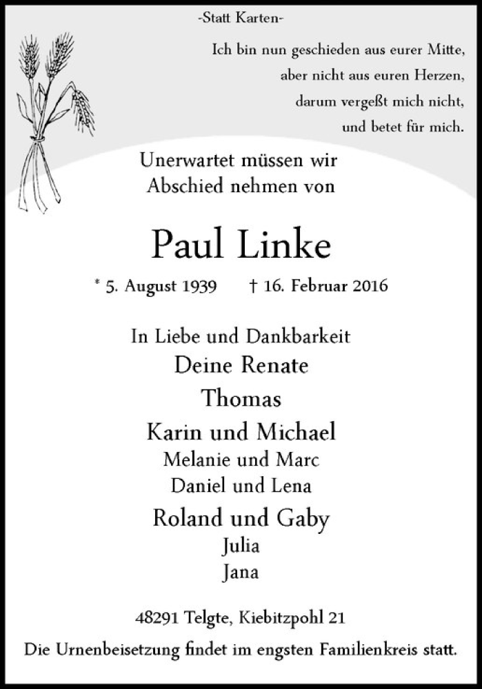  Traueranzeige für Paul Linke vom 20.02.2016 aus Westfälische Nachrichten