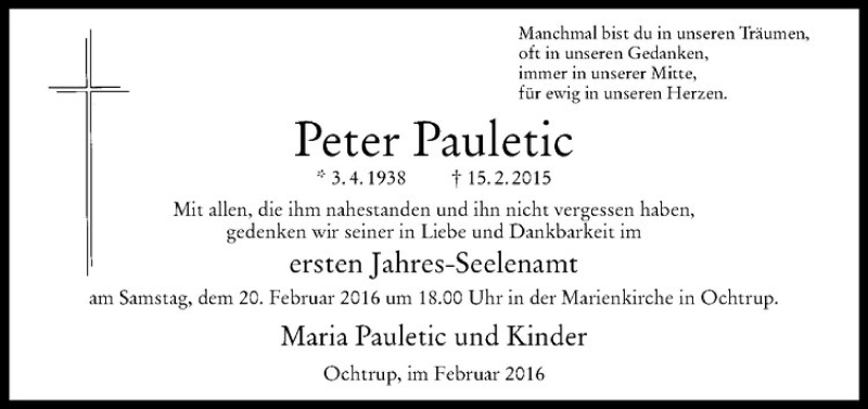  Traueranzeige für Peter Pauletic vom 17.02.2016 aus Westfälische Nachrichten