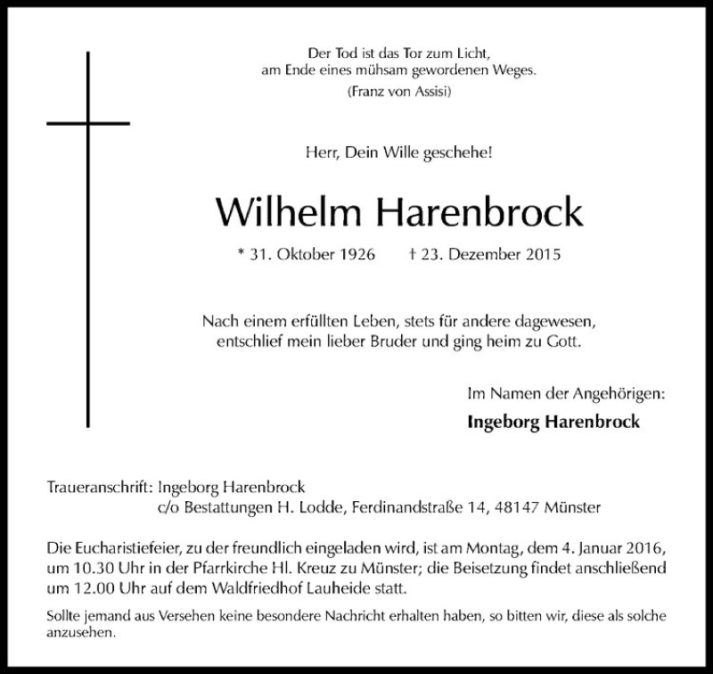  Traueranzeige für Wilhelm Harenbrock vom 30.12.2015 aus Westfälische Nachrichten