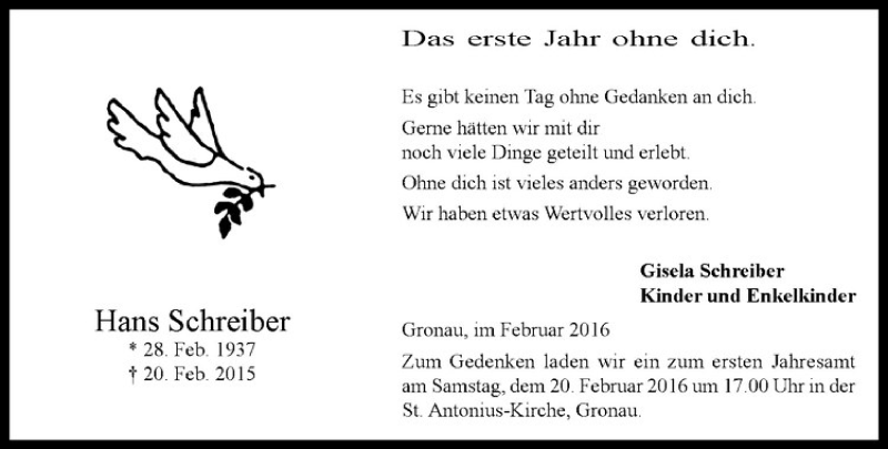  Traueranzeige für Hans Schreiber vom 17.02.2016 aus Westfälische Nachrichten