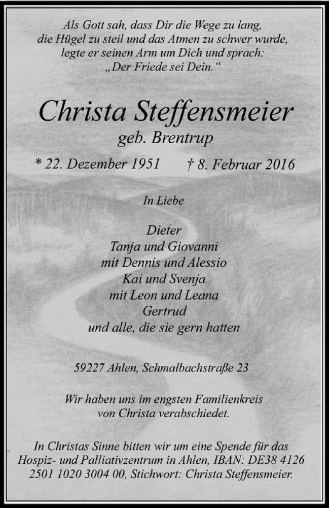  Traueranzeige für Christa Steffensmeier vom 13.02.2016 aus Westfälische Nachrichten