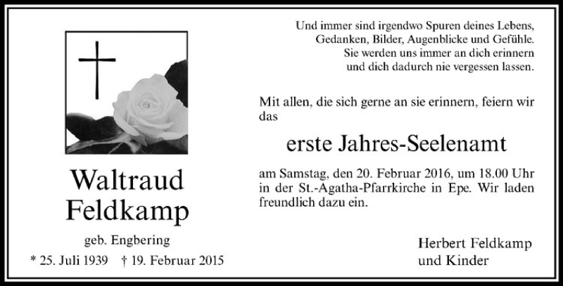  Traueranzeige für Waltraud Feldkamp vom 17.02.2016 aus Westfälische Nachrichten
