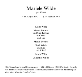 Anzeige von Mariele Wilde von Westfälische Nachrichten