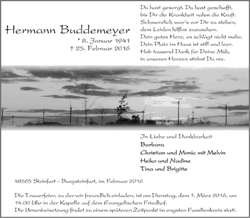  Traueranzeige für Hermann Buddemeyer vom 27.02.2016 aus Westfälische Nachrichten