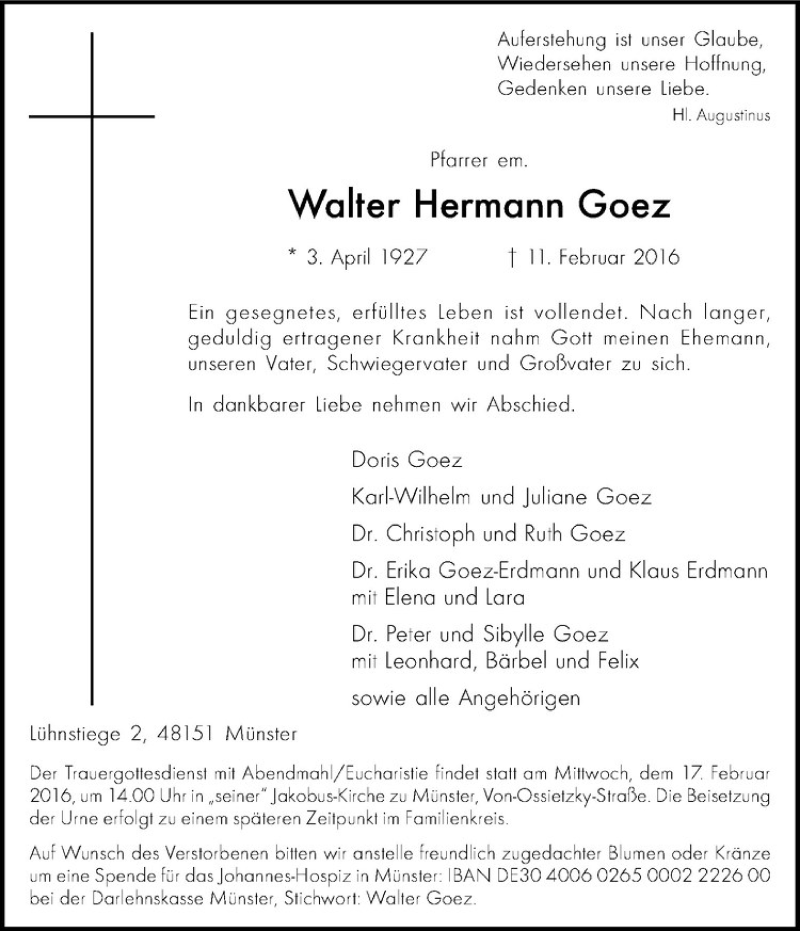  Traueranzeige für Walter Hermann Goez vom 13.02.2016 aus Westfälische Nachrichten