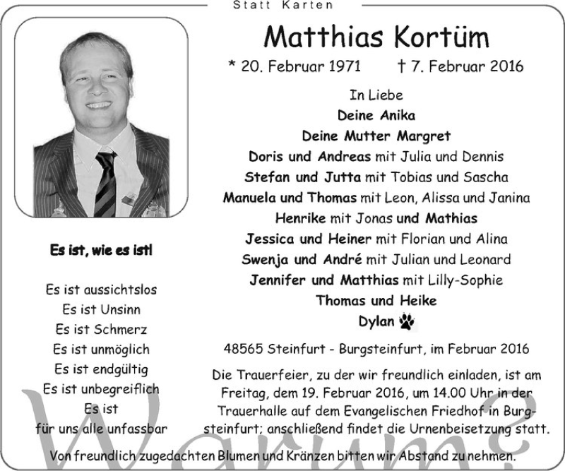  Traueranzeige für Matthias Kortüm vom 13.02.2016 aus Westfälische Nachrichten