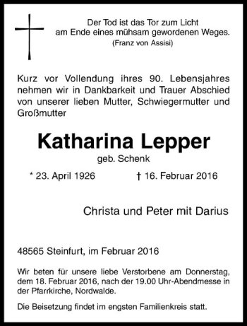 Anzeige von Katharina Lepper von Westfälische Nachrichten