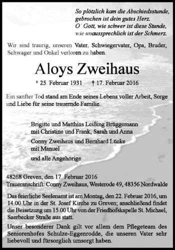 Anzeige von Aloys Zweihaus von Westfälische Nachrichten