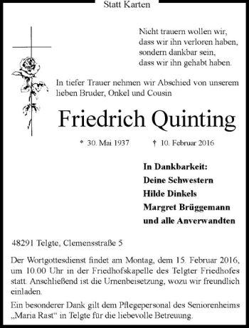 Anzeige von Friedrich Quinting von Westfälische Nachrichten