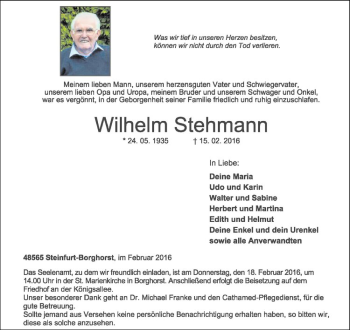 Anzeige von Wilhelm Stehmann von Westfälische Nachrichten