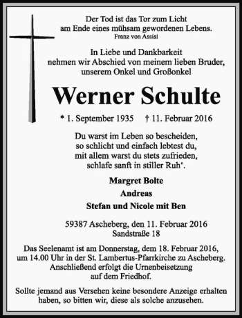 Anzeige von Werner Schulte von Westfälische Nachrichten