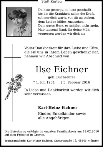 Anzeige von Ilse Eichner von Westfälische Nachrichten