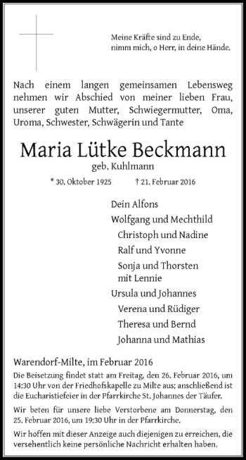 Anzeige von Maria Lütke Beckmann von Westfälische Nachrichten