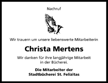 Anzeige von Christa Mertens von Westfälische Nachrichten