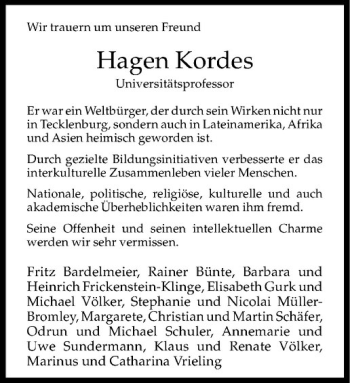 Anzeige von Hagen Kordes von Westfälische Nachrichten