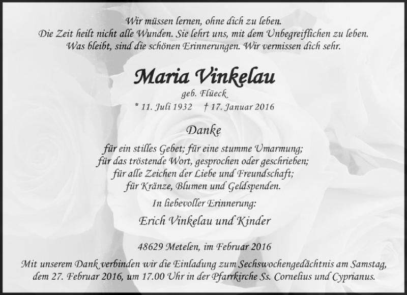  Traueranzeige für Maria Vinkelau vom 25.02.2016 aus Westfälische Nachrichten
