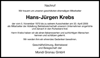 Anzeige von Hans-Jürgen Krebs von Westfälische Nachrichten