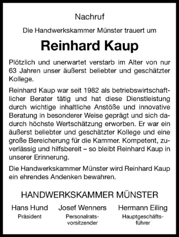 Anzeige von Reinhard Kaup von Westfälische Nachrichten
