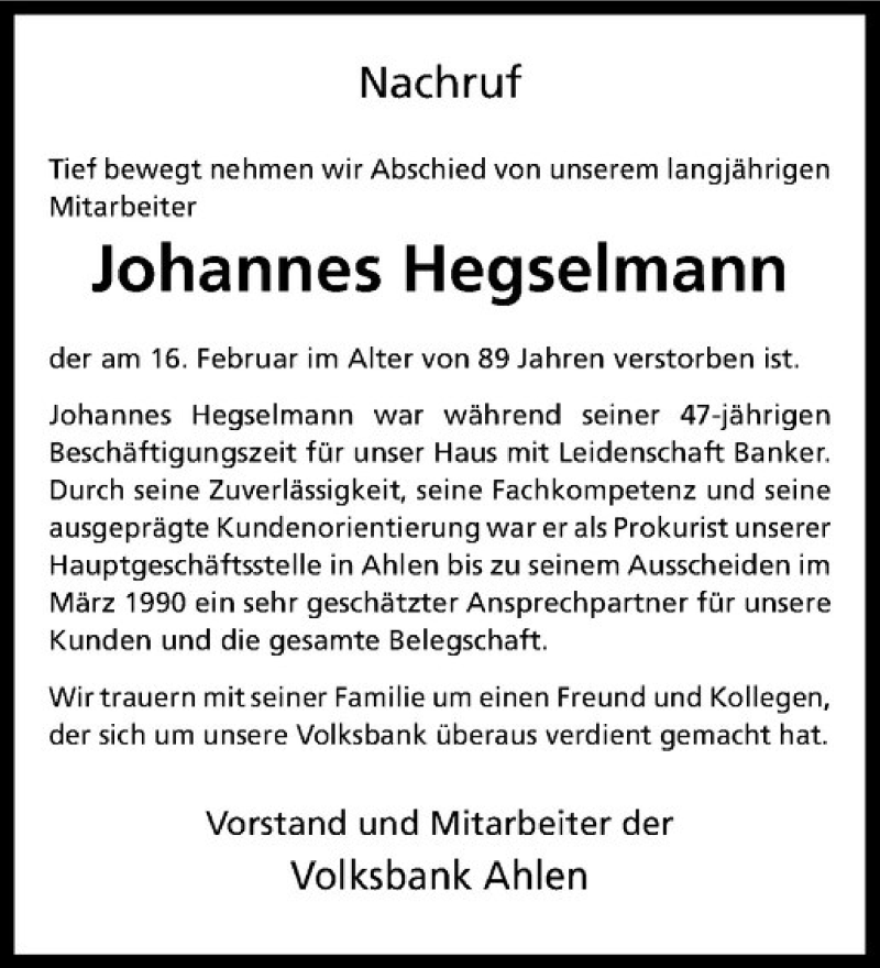  Traueranzeige für Johannes Hegselmann vom 25.02.2016 aus Westfälische Nachrichten