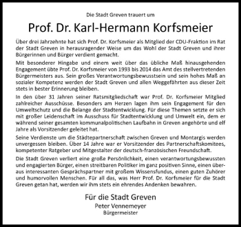 Anzeige von Karl-Hermann Korfsmeier von Westfälische Nachrichten