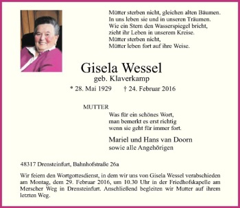 Anzeige von Gisela Wessel von Westfälische Nachrichten