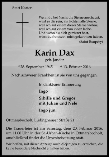 Anzeige von Karin Dax von Westfälische Nachrichten