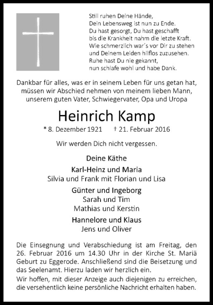  Traueranzeige für Heinrich Kamp vom 24.02.2016 aus Westfälische Nachrichten