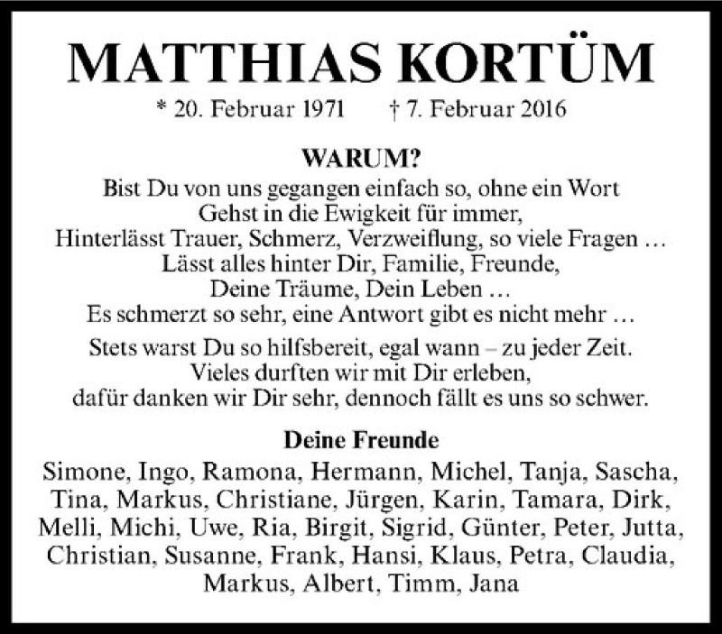  Traueranzeige für Matthias Kortüm vom 20.02.2016 aus Westfälische Nachrichten